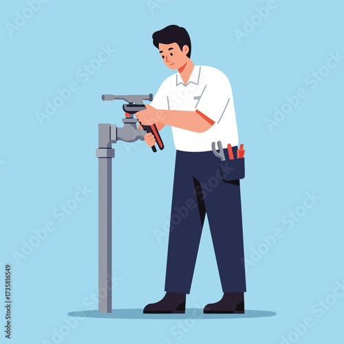 Plumber fixing a faucet with a wrench repair tool maintenance plumbing service worker man job occupation professional home improvement