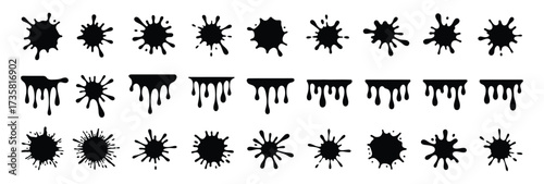 Vector art of collection of black ink blots, showcasing various shapes and sizes, perfect for adding a touch of artistic flair to designs and creative projects