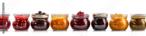 Assorted jars of fruit preserves on white background