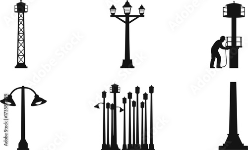 Vector illustration of street lamps, vintage and modern lamp posts, urban lighting silhouettes, decorative outdoor lanterns, and city light designs.