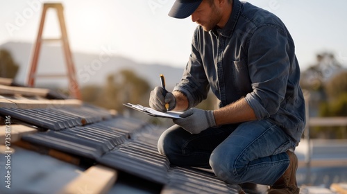Roofing Inspection: A skilled worker, cap in place, meticulously examines a rooftop, taking notes and ensuring safety and quality in construction, highlighting expertise in home improvement.