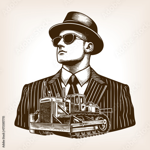 Businessman with a bulldozer surreal and symbolic retro design combining industry and authority sketch engraving generative ai fictional character vector illustration. Scratch board. Black and white.