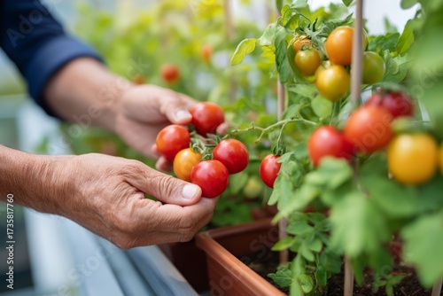 Harvesting the Ripe Tomato: A pair of hands gently pluck vibrant red tomatoes from a thriving plant in a greenhouse, showcasing the bounty of a flourishing harvest.