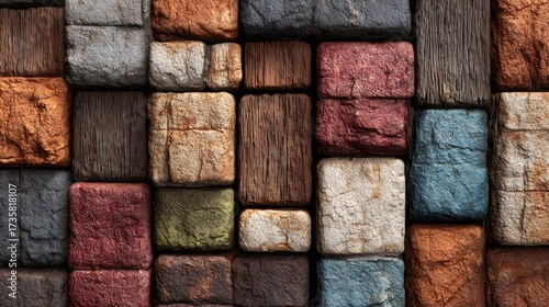 Colorful stone and wood blocks mosaic background