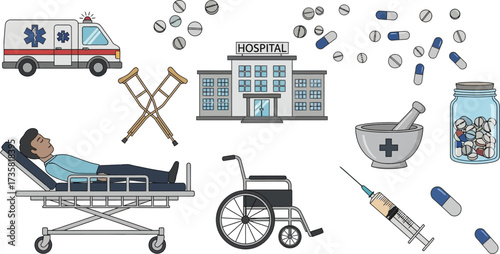 Medical care hospital ambulance patient treatment health vector art