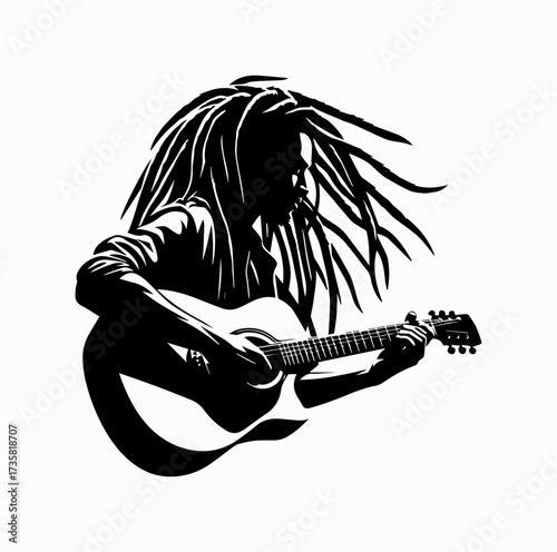 Reggae Musician Silhouette Playing Guitar with Dreadlocks – Iconic Jamaican Culture