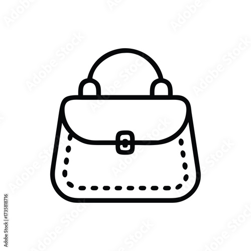 A line drawing of a satchelstyle purse with a top handle flap closure and decorative stitching