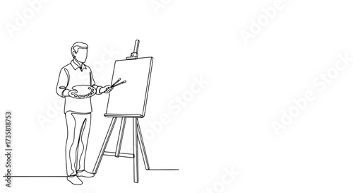 Continuous line drawing of artist painting on canvas creative occupation vector illustration