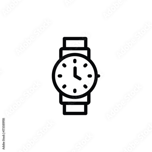 A simple black line art drawing of a wristwatch with dots marking the hours displayed