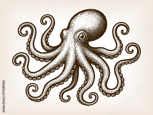 octopus with detailed tentacles, symbolizing marine life, sea creatures, and oceanic mystery sketch engraving generative ai vector illustration. Scratch board imitation. Black and white image.