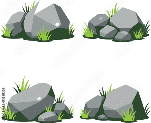 Set of four stylized rock formations with green grass accents.