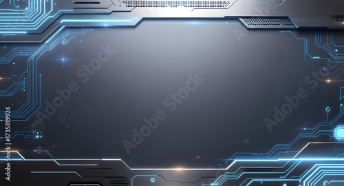 Futuristic digital circuit board with neon blue lights and dark center