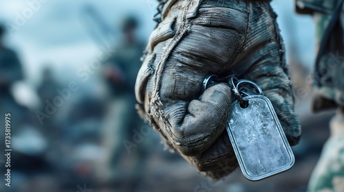 Gritty Close-Up: A Soldier's Gloved Hand Holding Worn Metal Dog Tags, Symbolizing Military Service, Remembrance, and Combat.
