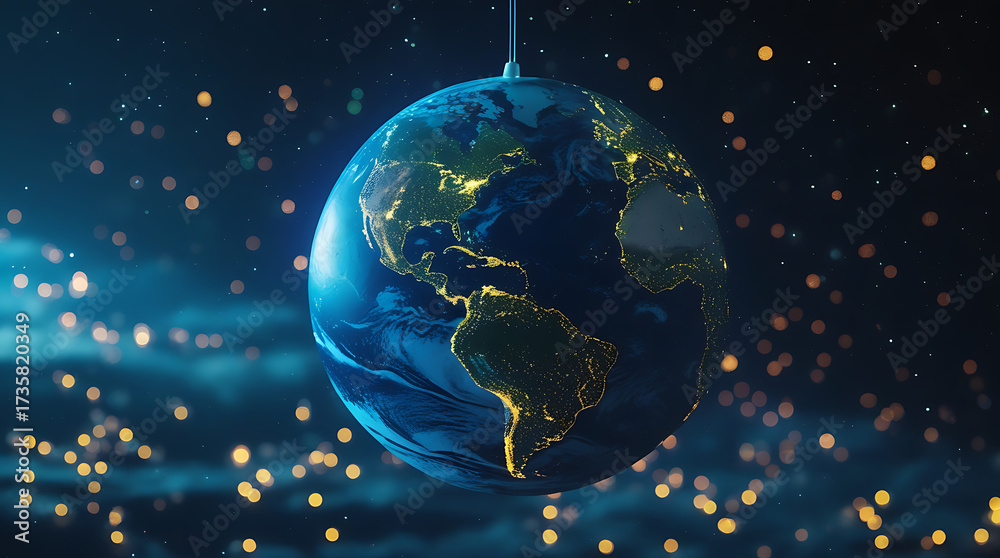 Naklejka premium A view of Earth from space with twinkling lights against a starry, HD and 4k image