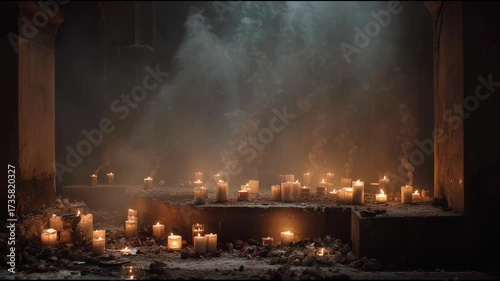 al scene of abandoned ritual site, extinguished candles