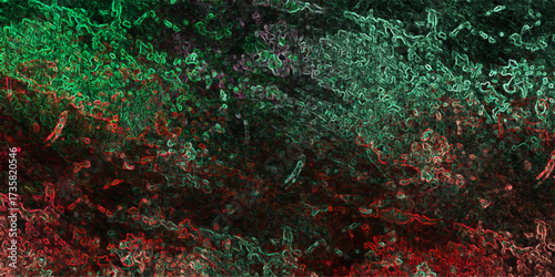 Abstract textured surface with vibrant green and red glowing outlines and dark background vector illustration