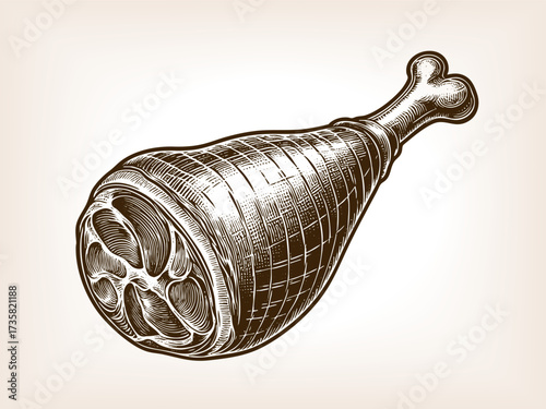 smoked ham tied with rope, decorated with herbs and spices in a traditional engraving style sketch engraving generative ai vector illustration. Scratch board imitation. Black and white image.