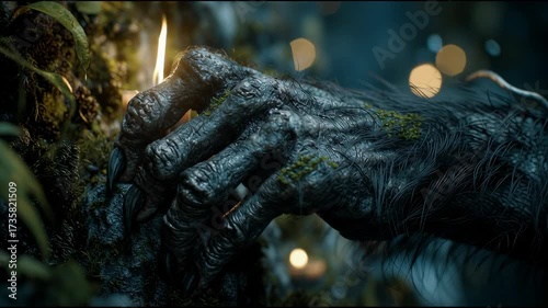  monstrous clawed hand gripping mossy stone
