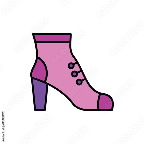 Illustrated pink heeled boot with purple accents and button details side view