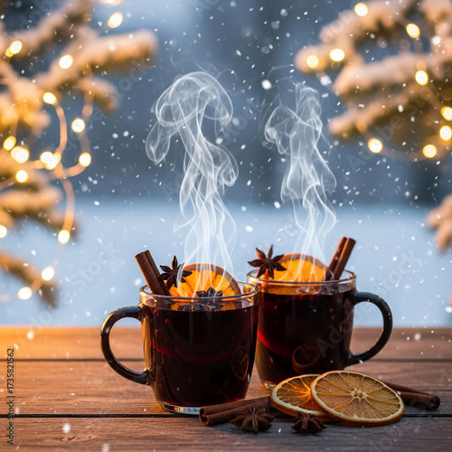 Two elegant mugs of mulled wine outdoors on a snowy evening, garnished with cinnamon and orange.