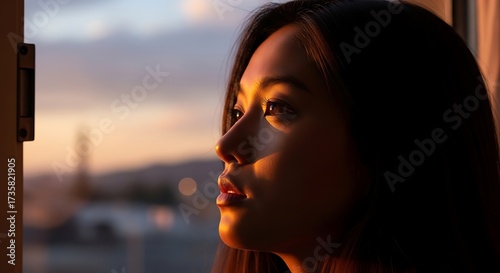 Woman Contemplating Sunset View.