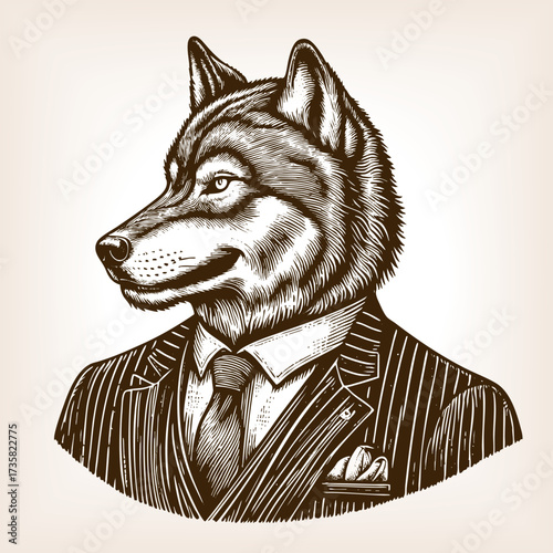 wolf with a human body in a suit, symbolizing strength, leadership, cunning, and surreal creativity sketch engraving generative ai vector illustration. Scratch board imitation. Black and white image.