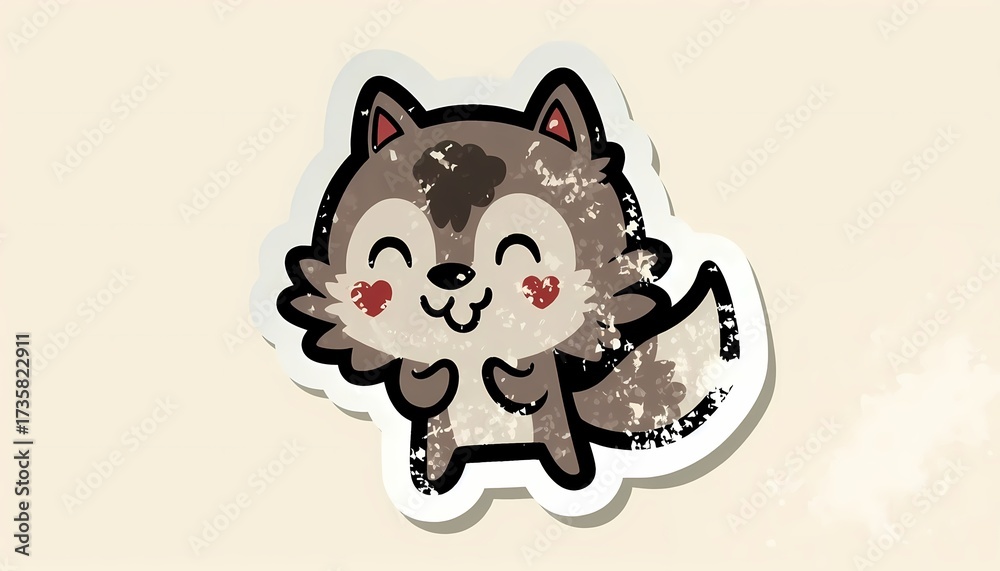 Obraz premium Cute wolf cub cartoon sticker with a vintage grunge texture.
