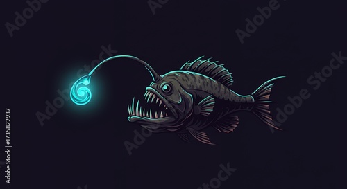 Deep sea anglerfish illustration illuminated bioluminescent light dark background