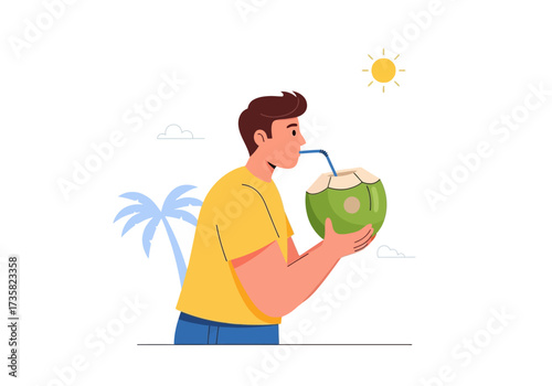 Man drinking coconut water under palm tree. Suitable for travel, vacation, tropical, relaxation, leisure, beach, summer, refreshment concepts.
