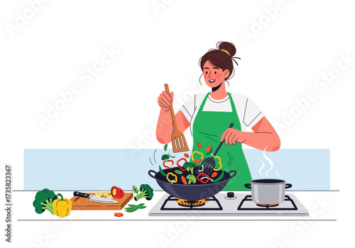 Woman cooking vegetables in wok on stove, perfect for food blogs, cooking websites, recipe illustrations, culinary backgrounds, and kitchenthemed designs.