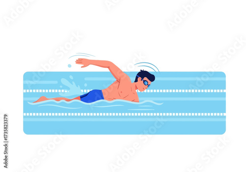 Swimmer with intense effort in a pool doing a freestyle stroke. Ideal for sports and fitness concepts in marketing materials.