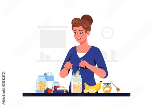Woman preparing a breakfast bowl with oats, fruits, and honey in the kitchen. Ideal for food blogs, cooking websites, and healthy lifestyle articles.