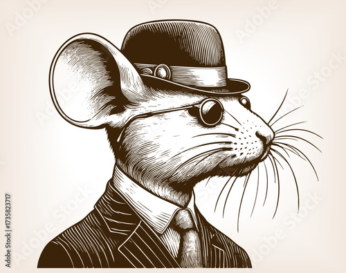 man in a suit with a mouse head, symbolizing anthropomorphism, satire, and imaginative artistic concepts sketch engraving generative ai vector illustration. Scratch board imitation. Black and white.