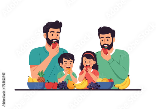 Family enjoying fruit together, bonding over healthy eating, father and son quality time, nutrition, lifestyle, fatherhood, parenthood, food habits.