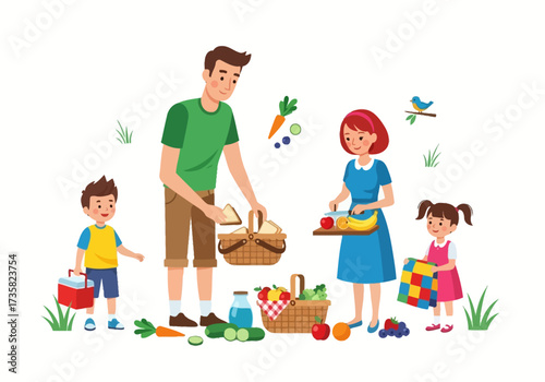 Happy family enjoying a picnic with food and drinks in the outdoors. Suitable for familyrelated content and lifestyle articles.  