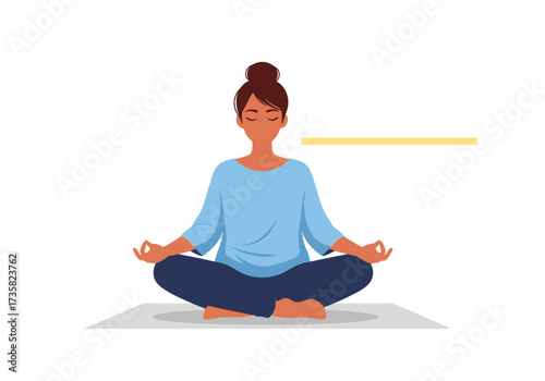 Woman meditating in lotus pose on mat, suitable for wellness, meditation, yoga, mindfulness, relaxation, balance, tranquility, and mental health concepts.