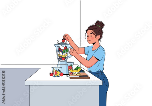 Woman preparing a healthy smoothie with vibrant fruits in a blender on a kitchen counter. Suitable for wellness, nutrition, and cooking concepts.