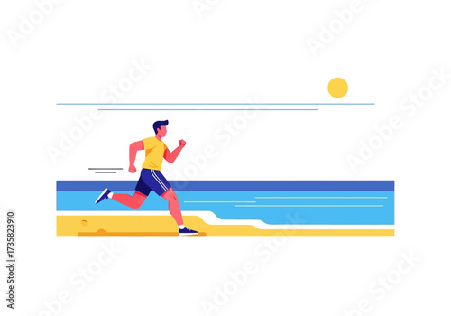 Man enjoys a sunny beach run near the ocean. Perfect for fitness, recreation, travel, leisure, and outdoor activity content needs.
