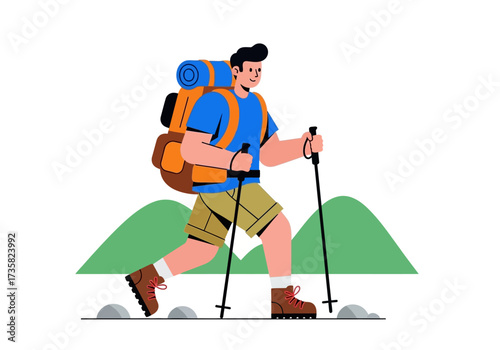 Male hiker trekking with poles and backpack, perfect for outdoor, adventure, travel, hiking, nature, exploration, recreation, and tourism concepts.