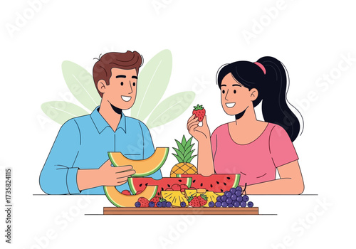 Man and woman enjoying a healthy fruit platter together, suitable for lifestyle, wellness, diet, and nutrition concepts in marketing materials.