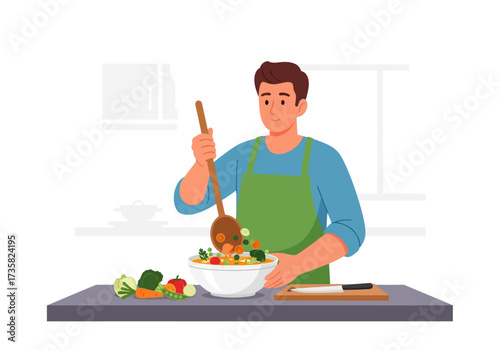 Man in apron making salad in bowl with spoon. Suitable for cooking blogs, culinary websites, recipe books, and health articles.