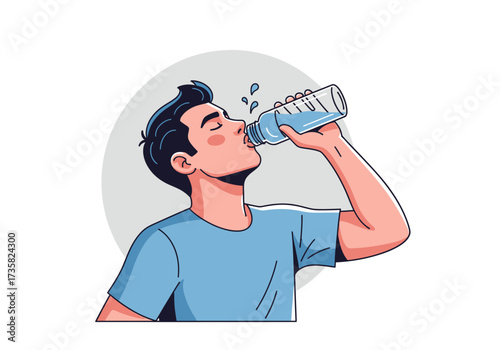 Thirsty man drinking from a blue plastic water bottle. Suitable for hydration, health, lifestyle, and environmental conservation concepts.