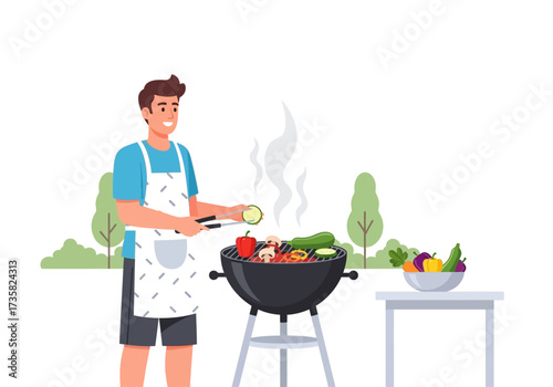 Man outdoors grilling vegetables with a bowl of fresh produce, ideal for summer cooking, healthy lifestyle, outdoor dining, and recipes.