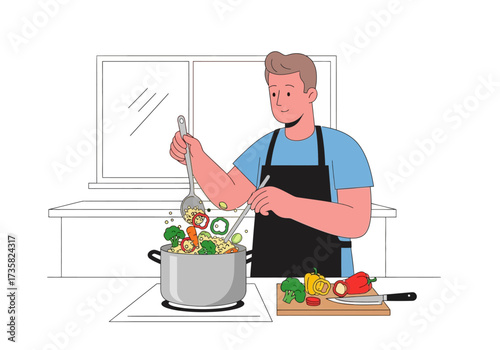 Man cooks food in a pot in a simple lined kitchen. Suitable for culinary blogs, cooking websites, and kitchenrelated content.