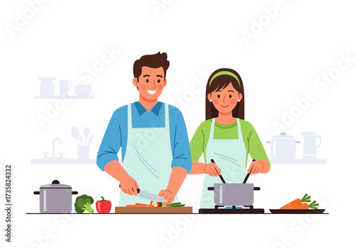 Couple cooks vegetables in a kitchen. Suitable for lifestyle blogs, cooking websites, healthy eating magazines, recipe books, and social media.