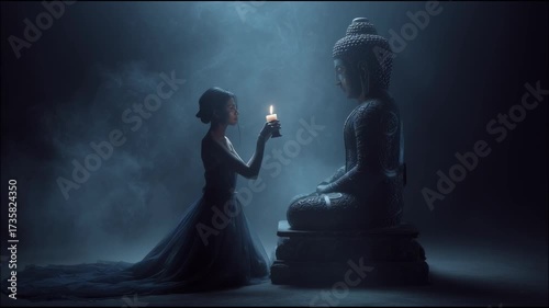 mysterious woman in long flowing dress standing before ancient stone idol