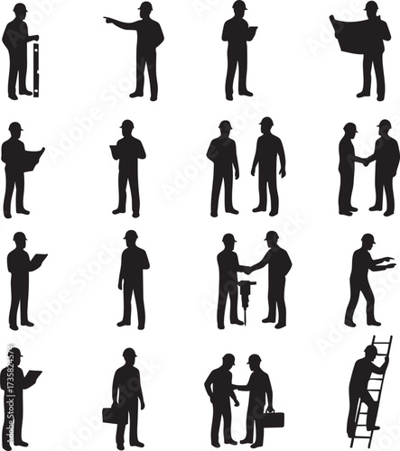 Engineers and Construction Workers Silhouettes Vector Icon Set