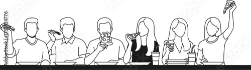 People eating pizza party illustration vector line art design