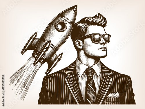 confident man in suit and sunglasses with a rocket blasting off behind him, ambition and success sketch engraving generative ai fictional character vector illustration. Scratch board. Black and white.