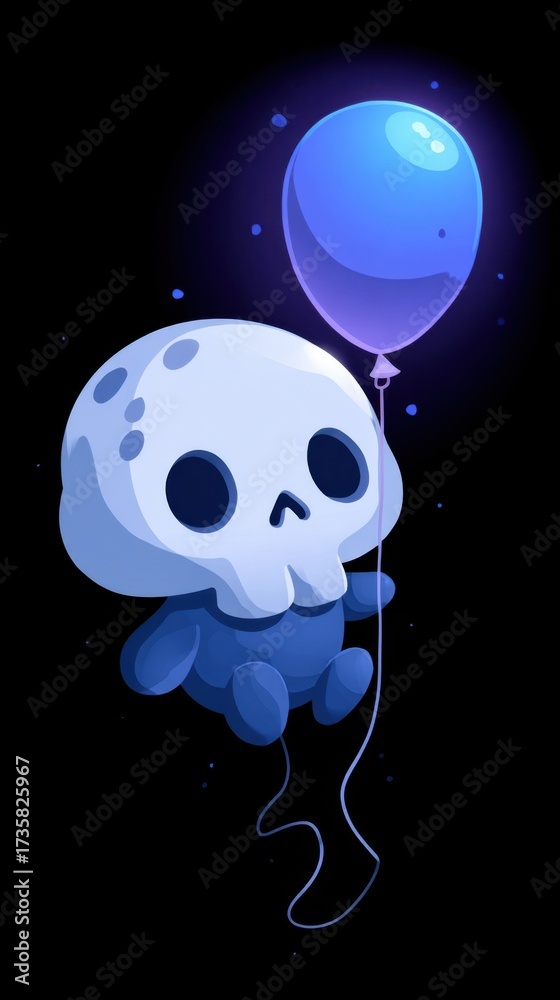 Fototapeta premium A small, adorable skeleton with a round skull and big black eyes is gently floating while holding a shiny blue balloon in a dark, starry setting.